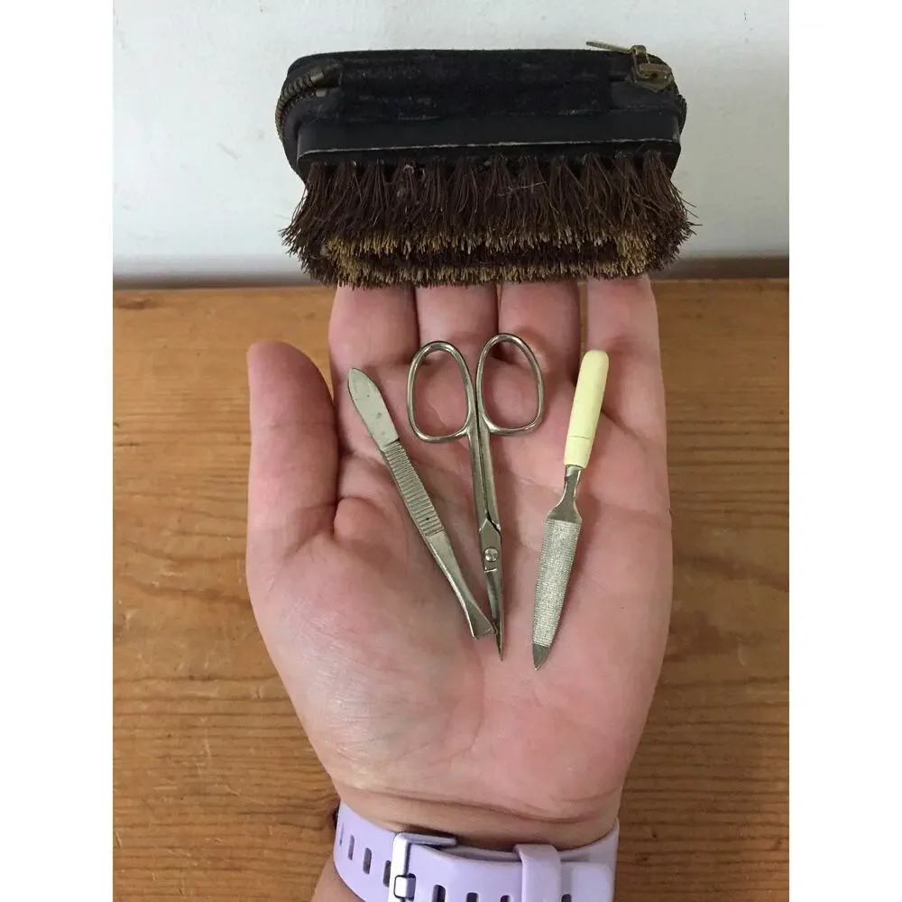 Vintage Western Germany Travel Hair Brush Manicure Set Leather Zip Dopp Kit